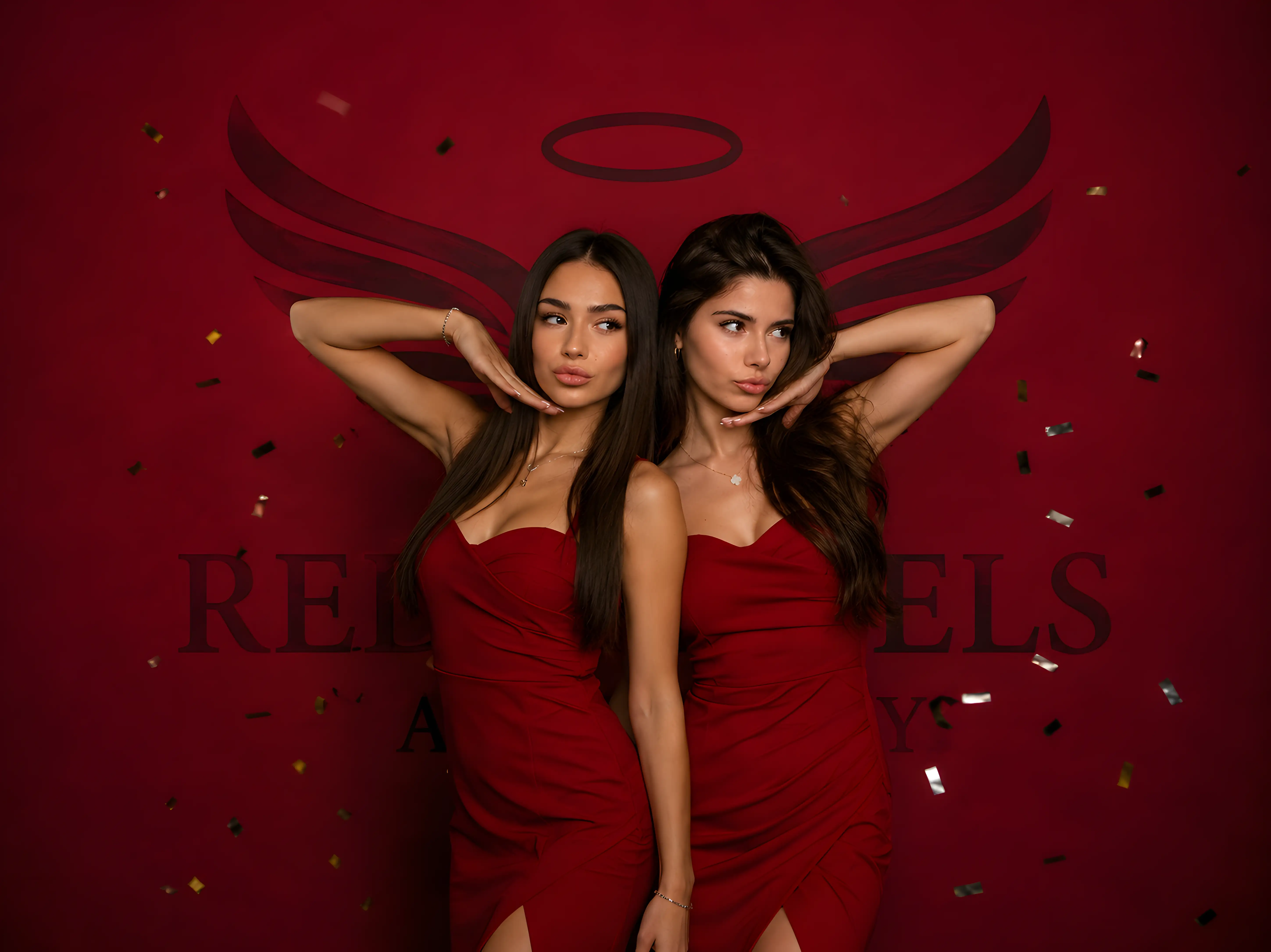 Vizual de brand Red Angels: două modele în rochii roșii de seară, poză simetrică, sub logo-ul cu aripi și aureolă pictat pe perete